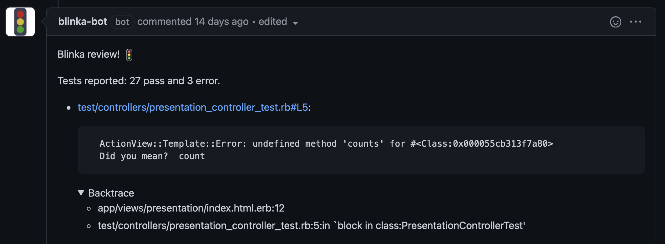 Screenshot of comment created on Github pull request.