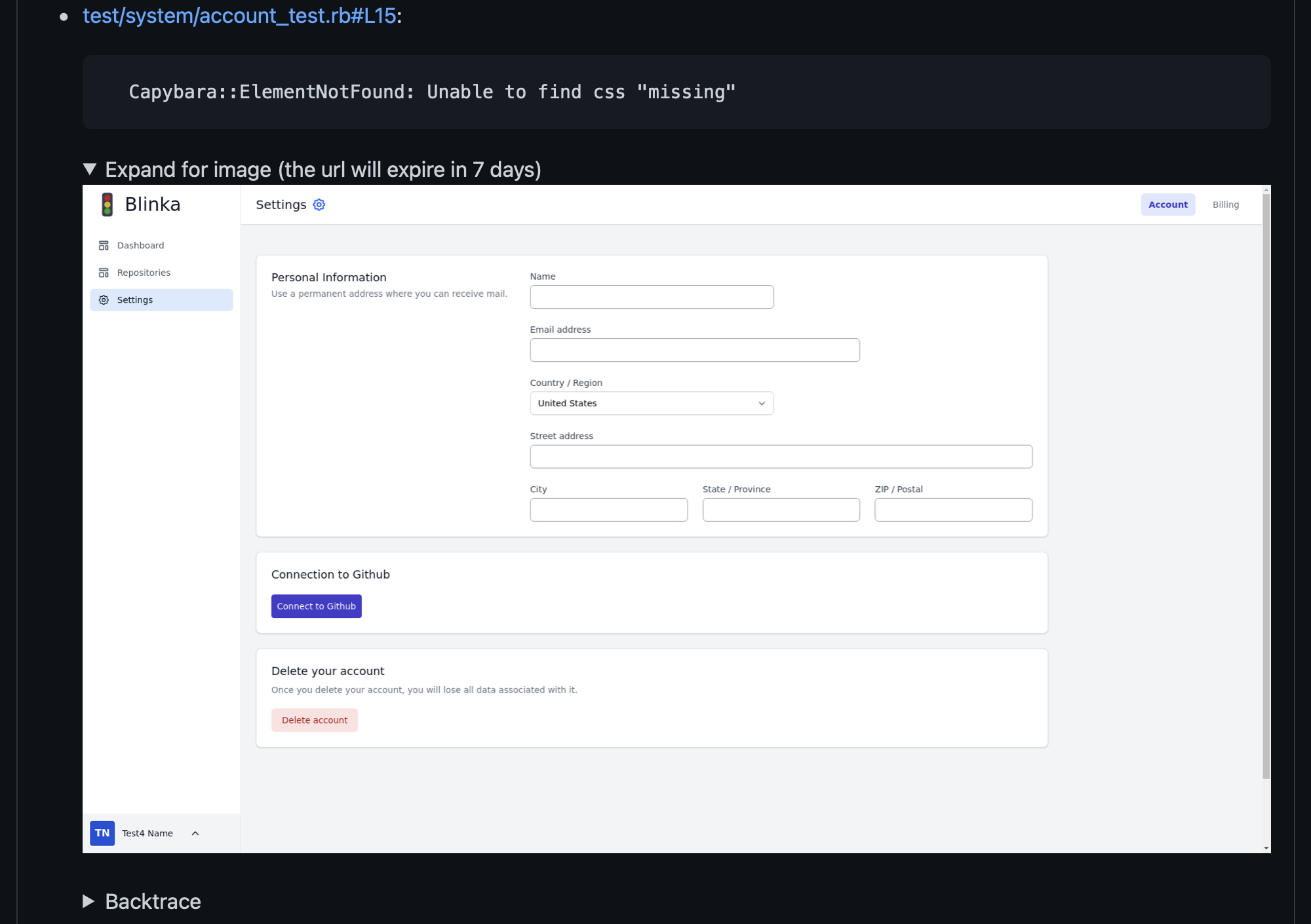 Screenshot of Github comment including uploaded screenshot from failed test.